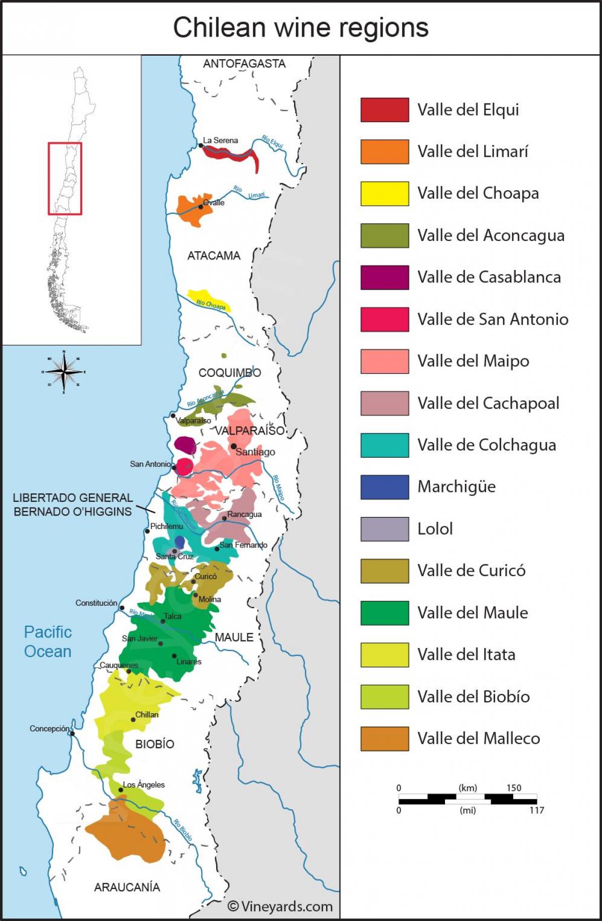 Карта виноробних регіонів Чилі 